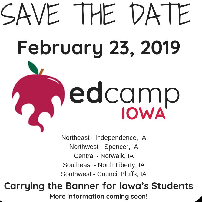 Join us for EdcampIowa this year on February 23 in North Liberty at Liberty HS! https://t.co/xOi27Zz5iP #iowaedcamp #edcampiowa #education