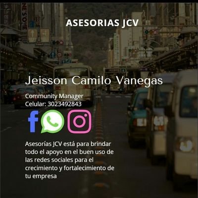 nosotros trabajamos a través del mundo digital y así damos a conocer tu negoció.

Camilo Venegas
Cel: 3023492843
Community mánager
Asesorias JCV