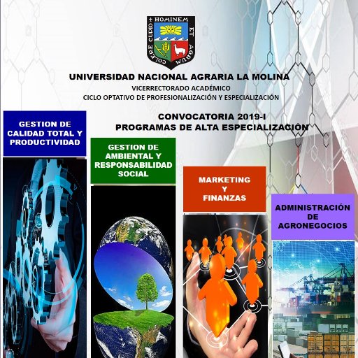 Universidad Nacional Agraria La Molina iniciará Programas de Especialización !Matricula hasta 30 de agosto 2019! 
Informes: coadministrativo@lamolina.edu.pe