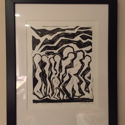 Relief print by Mark Harris. “In those days the sky will be darkened and the people fearful.” A message descriptive of our time, but I see hope for the future.
