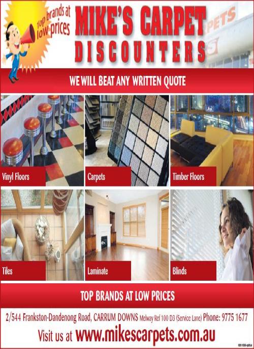 Mike’s Carpet Discounters is Australian owned, one-stop flooring solutions centre (domestic, commercial and industrial) operating in Victoria for approx 30 yrs