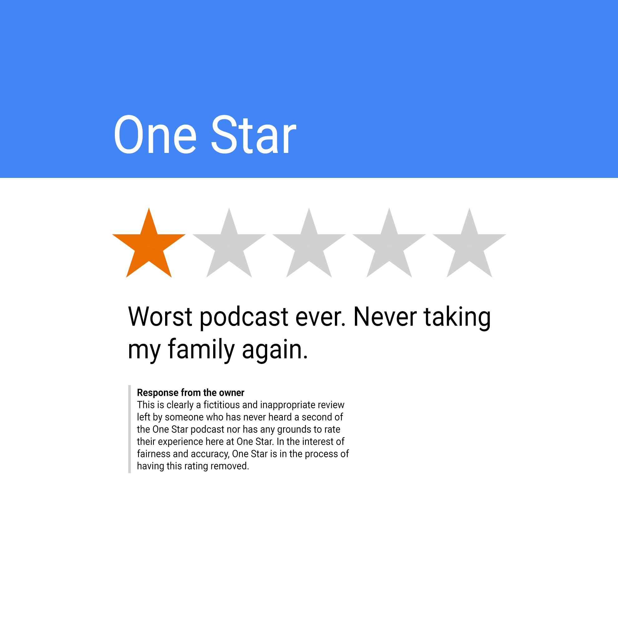 Podcast hosted by @Bacon_Dick and @toomuchprotein we read reviews on google and laugh at them. email us at onestarcast@gmail.com #BLM ACAB