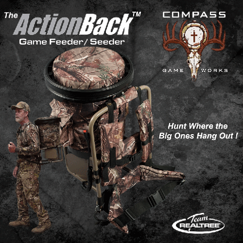 Compass Game Works manufactures and sells The Action Back Feeder/Seeder. One spreader fits all your needs as a backpack, ATV, UTV, truck, even a hanging feeder!