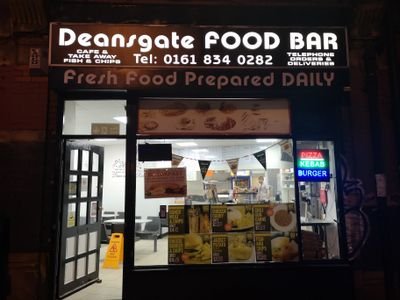 Deansgate Food Bar offering Deansgate
fresh fish and chips and all the chippy bits! we also do Amazing burgers, fantastic kebabs and handstretched  pizzas!