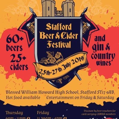 12th HOS Beer Fest 25th -27th July 2019. Also find us on FB: 'Stafford Beer Festival' & ‘CAMRA Heart of Staffordshire’