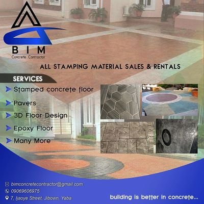 BIM stamped concrete offers=
1: Different design, pattern & colors.
2: Excellent Durability & longevity.
3: sales & rentals of tools & material  09069606975