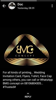 conceptbmg's profile picture. welcome to BMG 
Talk to us today for your
Branding,graphics design,prints,customized wears...