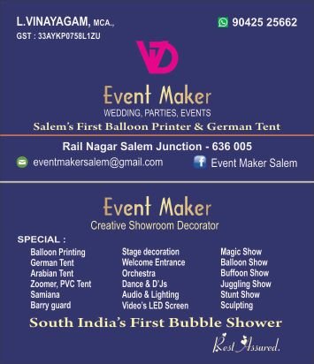 MakerEvent's profile picture. EVENT MAKER 
Salem's first balloons printer,South India's first Bubble shower.
Wedding//Parties//Events.