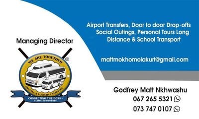 WeAretogetherS2's profile picture. We Are Together Shuttle&Logistics
Contact Us Here For Bookings:
0672655321/0737470107
Email:mattmokhomolakurt@gmail.com
Connecting The Dots..StartsSomewhere