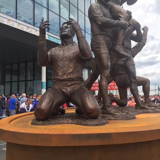 A retired rugby player with a statue outside Wembley Stadium. Pops up on the tv. martin.offiah@outlook.com