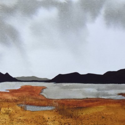 Watercolour artist inspired by coast, rocks, skies, nature, wild barren landscapes, Hebrides, Scotland and the alchemy of watercolour paint itself.