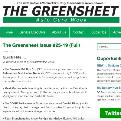 Auto Care Week/The Greensheet: Frank, focused and fearless coverage and business intelligence on the North American auto care industry. #aftermarket #autocare
