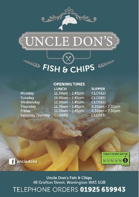 Uncle Don's is a traditional Fish and Chip shop in Warrington Cheshire We also provide Deli services which include sandwiches, lean meals and Buffets for events
