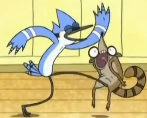 Hey, I'm Rigby- A racoon from the cartoon Regular Show on Cartoon Network- My friend is Mordecai- that beats me at punchies everytime..