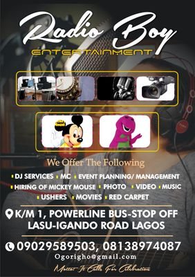 your no1 spot for all entertainment services:DJ services, MCs, ushering services, mascots(Mickey mouse etc) event planning/management, consultation: 09029589503