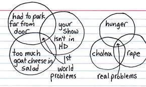Urban Dictionary: First World Problems
Problems from living in a wealthy, industrialized nation that third worlders would probably roll their eyes at.