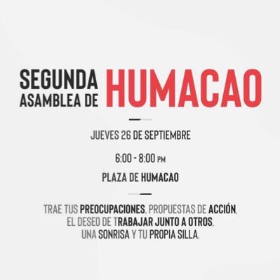 ¡Humacao se Autoconvoca! Ven, trae tu silla de playa, agua y sombrilla para la Asamblea el 26 de septiembre de 2019 en la Plaza de Recreo de Humacao.