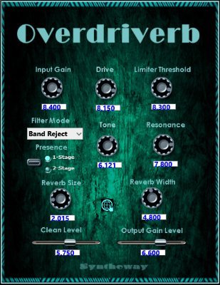 Overdriverb's profile picture. Overdriverb by @syntheway is a VST, VST3 & Audio Unit effect for guitar overdrive and distortion with reverb blend and a variable filter tone ( Windows / macOS)