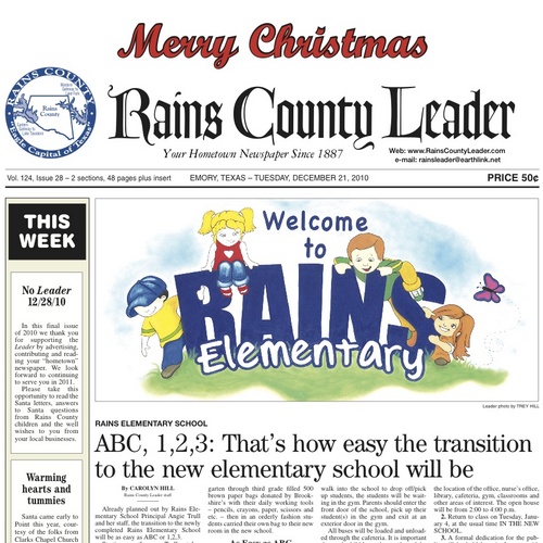 Rains_Leader's profile picture. The Rains County Leader is a weekly newspaper serving Rains County and the surrounding areas.