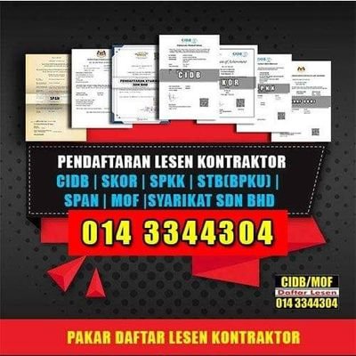 DAFTAR CIDB | SKOR | SPKK | STB(BPKU/PKK) | MOF | PERMIT SPAN | DAFTAR SDN BHD | KAD HIJAU
PANTAS | MUDAH | SELURUH MALAYSIA
https://t.co/XO2JS1usST