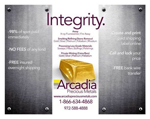 arcadiametals's profile picture. Greetings all....

Precious metals refining at its best.  Give us a try and compare to your present provider.  Experience our outstanding customer service!