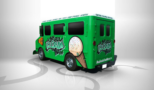 The Mean Green Ice Cream Machine truck is serving gourmet ice cream desserts & chocolate dipped delights