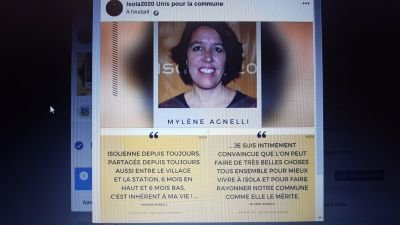 @isola2020.fr  Unis pour la commune 
Candidats aux élections municipales d'Isola rassemblés autour de Mylène Agnelli.