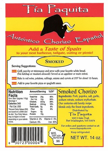 spanishchorizo's profile picture. Tía Paquita's centuries old family chorizo recipe blends only the finest ingredients: lean pork, Spanish paprika, garlic, a touch of salt and a lot of love!