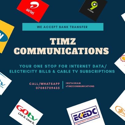 Timzcommunicat1's profile picture. Contact us for Internet data/cable tv & Electricity subscriptions

payment goes into Vbank - 1000758097