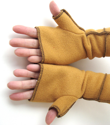 Xmittens: practical fashion accessories such as fingerless gloves, scarves and hooded jackets made with recycled, vegan fleece by designer Amber Coppings.