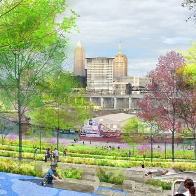 Future 17-acre park with views of the Cuyahoga River and downtown Cleveland skyline, along with trails connecting Lake Erie to the CVNP and Towpath Trail