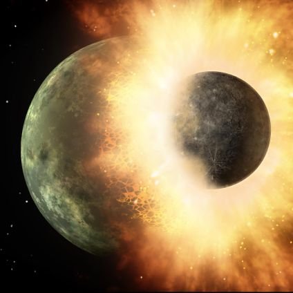 La formació de la Lluna es deu a la col·lisió de la Terra (o proto-Terra) amb un objecte de la grandària de Mart. Theia és l'«impactadora».