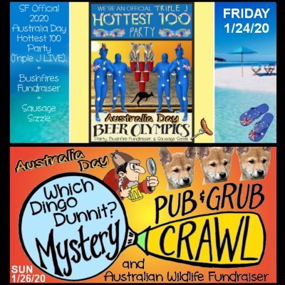 Australia Day SF Official Hottest 100 Party, Bushfire Fundraiser & Sausage Sizzle. Australia Day 'Which Dingo Dunnit?' Pub Crawl. RSVP: https://t.co/14YfOrQNOM