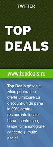 TopDealsRomania's profile picture. Top Deals gaseste zilnic pt tine oferte uimitoare cu discount-uri de până la 90% pt restaurante,baruri,centre spa,teatre, cinematografe,concerte şi multe altele