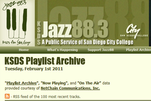 Playlist Archive, Now Playing, and On The Air data
provided courtesy of NetChain Communications, Inc.
- RSS feed of the 100 most recent tracks.