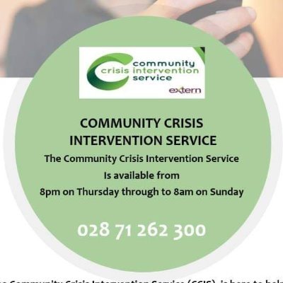 if you feel in crisis or distress, or are experiencing thoughts of suicide and/or self harm and need support, contact us on 02871262300 Thurs 8pm - Sun 8am