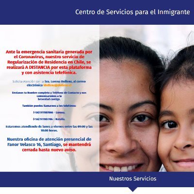 Somos el Centro de Servicios para Inmigrantes que apoya la Regularización de aquellos que han llegado a Chile a Trabajar, Vivir junto a sus familias y amigos.