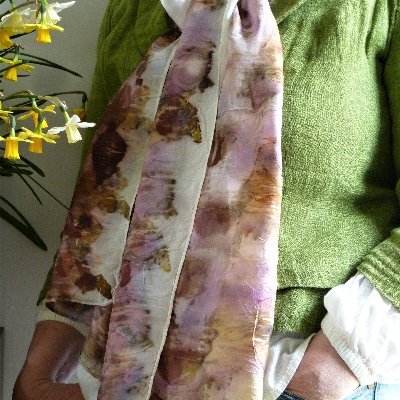 Silk Scarves Eco Printed with a mixture of Flowers, Berries, Leaves, and Vegetables. A variety of stunning natural colours.