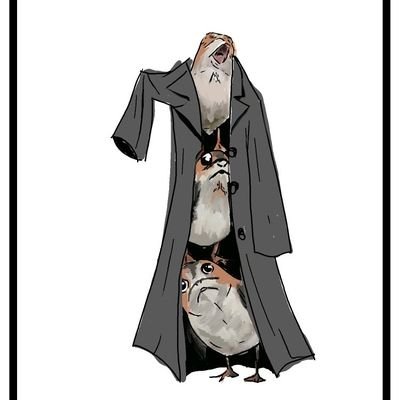 three porgs in a trench coat. He/Him.