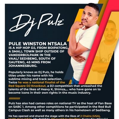 DJ Pulz a former TV show resident dj (Fanbase SABC 1) from the City of Vaal. Bookings pulz.dj@gmail.com +27839934457 whatsapp