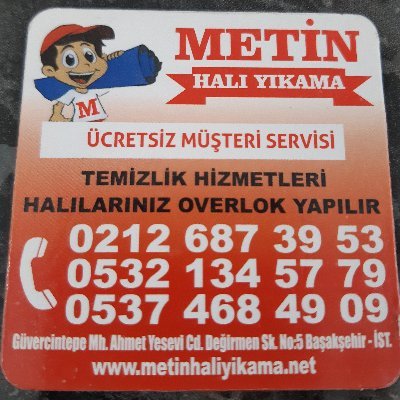 Metin Halı Yıkama Fabrikası
Sabah:08:00 akşam:22:00 
Saatler içerisinde hizmet vermekteyiz 
0212 687 3953
0532 134 5779
05374684909