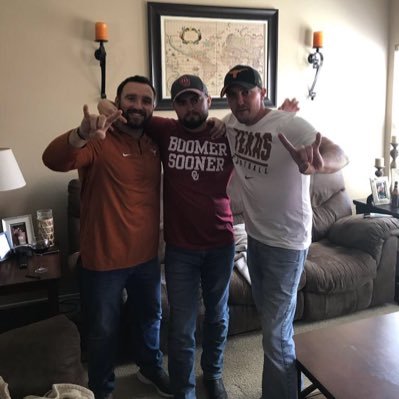 Texas boys split over the Red River that love to talk FOOTBALL! #itsdebatable, SOONERS, LONGHORNS, COWBOYS!