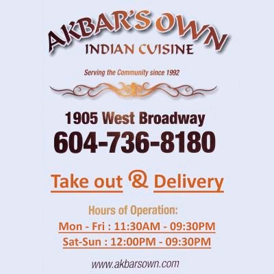 Akbar’s Own is recognized as one of the finest Indian restaurants in the Vancouver area.