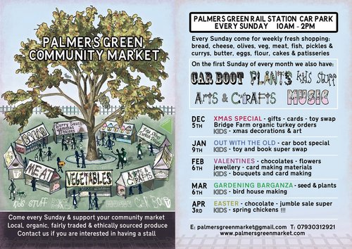 Palmers Green Community Market News. Food, Arts and Crafts, Gardening, Interests tea cake and gossip.