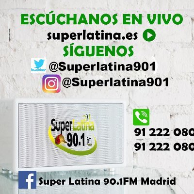 Super Latina, Emisora de Radio Madrid 90.1 FM
https://t.co/83g0pquIEe telefono 649 015860 mas de 17 años en el aire 90.1fm Madrid con La Mejor Música Latina 24 horas