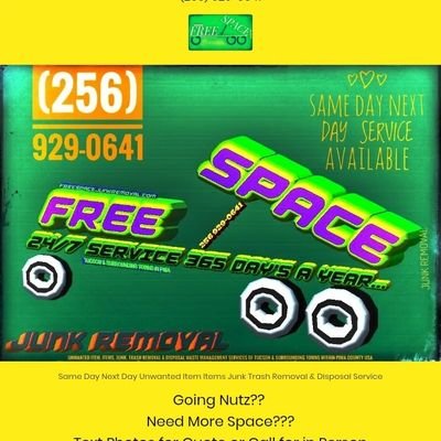 Freespacejunk's profile picture. SAME DAY NEXT DAY SERVICE AVAILABLE
(256) 929-0641
Unwanted Item, items, Junk, Trash Removal & Disposal Waste Management Services of Tucson & Surrounding Towns