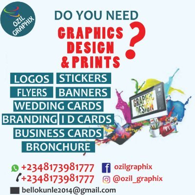 OZILGRAPHIX 
Order now for your mockup 3d logos, brochure design, banners, business card wedding cards, invitation cards, flyers etc all @ affordable prices
081