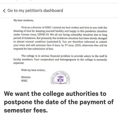 nsecstudents's profile picture. We want favourable and just conditions for paying hefty college fees in these times of peril and distress around the world.
