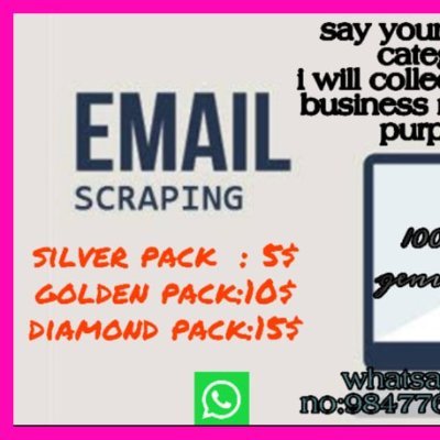 I WILL COLLECT EMAIL ID'S FOR YOUR BUSINESS WITH YOUR MARKETING PURPOSE.
FOR OVER THE PAST 3 YEARS. I AM EXPERT IN DATA SCRAPING ,
SAY YOUR WANTED EMAIL CA