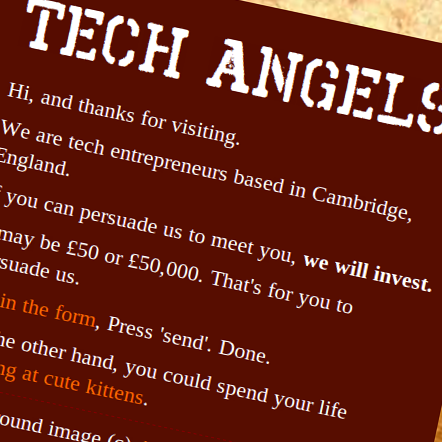 We are technology entrepreneurs. And we invest in tech startups. If you can persuade us to meet you, we *will* invest.